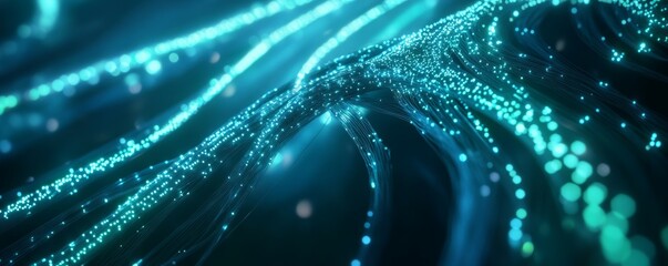 Wall Mural - fiber optic cables with blue and green lights pulsing through, representing highspeed data transmiss