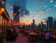 © SKIMP Art - A rooftop bar with string lights, people socializing and enjoying drinks, overlooking the city skyline at dusk The scene captures an urban evening vibe Generative AI