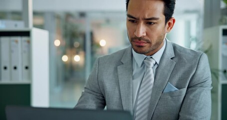 Aufkleber - Business man, thinking and laptop for investment research and stock market choice or problem solving. Trader, office and planning for solution and administration at job with idea for opportunity