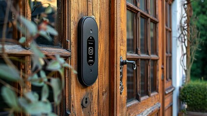Aufkleber - This smart security device is visible on a charming wooden door, enhancing home safety.