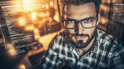Focused male programmer working on code in a modern office