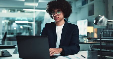 Poster - Office, businessman and laptop for charts in finance agency with typing, research and data analysis. Male person, technology and documents for investment in company for growth, stock market and night