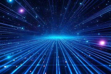Wall Mural - retro 80s video game background with grid of blue light streaking in space