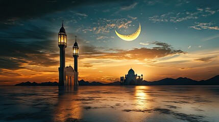 Wall Mural - Serene Sunset Over Water with Mosque and Crescent Moon View