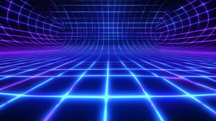 Wall Mural - futuristic, blue digital grid background. network tech wallpaper. 3d render. glowing. illustration