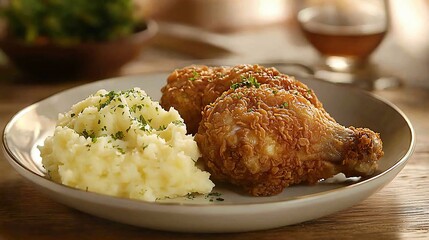 Wall Mural - Crispy fried chicken drumsticks served with creamy mashed potatoes on a plate.