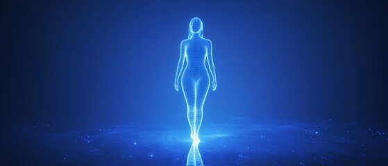 glowing female figure walking on a blue energy field.