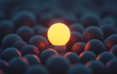 Wall Mural - A glowing light bulb standing out among dark spheres, representing creative ideas and innovation, dramatic contrast, ultrarealistic, modern visual style