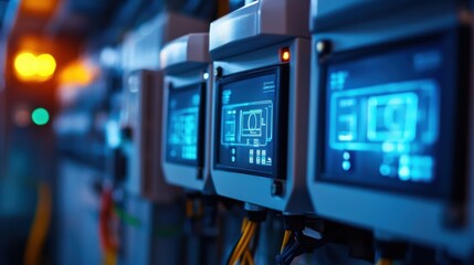 Closeup of an array of smart meters with bright screens each transmitting data in realtime showcasing the integration of 5G technology in energy management.