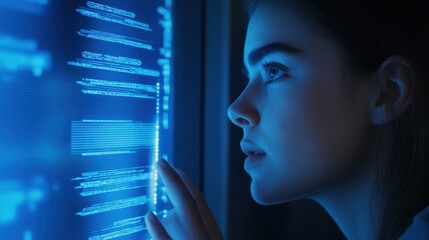Woman coding interacts with screen.