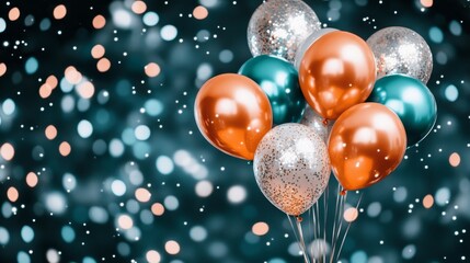 Wall Mural - Festive Celebration with Orange, Teal, Silver Balloons, and Sparkling Bokeh Background