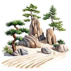 Wall Mural - Watercolor illustration of a serene Japanese rock garden with bonsai pine trees and raked sand.