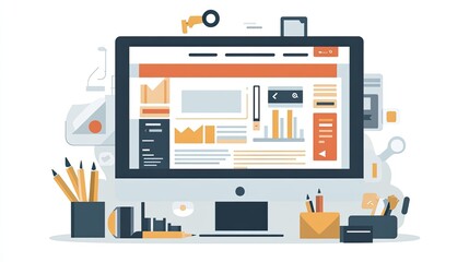 Website design displayed on desktop computer screen with analytics, charts, and coding elements, surrounded by stationery.