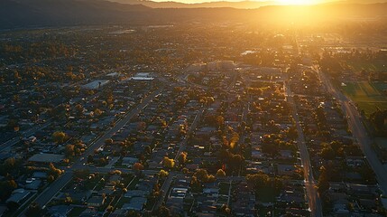 Canvas Print - Aerial view of suburban neighborhood at sunset.