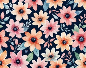 Wall Mural - Watercolor Floral Seamless Pattern with Soft Colors. A beautiful seamless pattern featuring various colorful flowers and foliage in soft watercolor style.