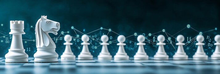 White Knight Leading Chess Pawns on Checkerboard, with Network Graphic and Binary Code in Background