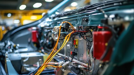 Wall Mural - A closeup image of the wiring harness being integrated into the vehicles frame illustrating the complexity of electronic connections needed for connectivity.