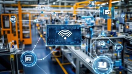 Wall Mural - A photograph showing a system of interconnected devices in a factory setting with lines and nodes symbolizing the seamless data transfer enabled by 5G connectivity.