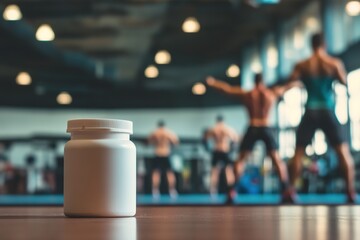 Supplement jar on gym floor, blurred athletes in background