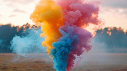 Canvas Print - Colorful smoke bomb explosion in field at sunset.