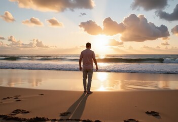 Wall Mural - person walking on the beach at sunset