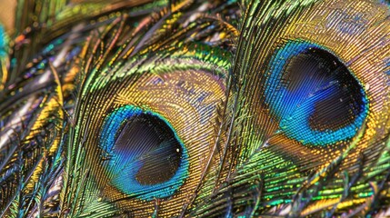 Close-up of vibrant peacock feather showcasing iridescent colors.