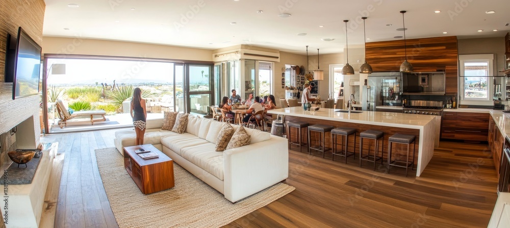 Open Plan Living Room With Large Modern Kitchen. Contemporary Interior ...