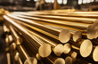 © derfalz - The brass rods are stacked in the warehouse ready for snipping and partially cut into various sizes of round or cylindrical solid pieces The bars have a smooth surf