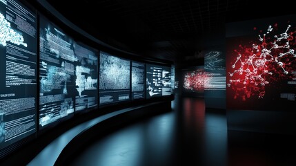 Poster - Futuristic Digital Interface in a High-Tech Environment Showcasing Data Visualizations and Molecular Structures in a Dark Room for Scientific and Technological Themes