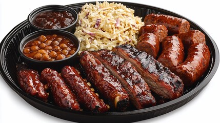 Poster - BBQ platter with ribs, sausage, coleslaw, beans, sauce.