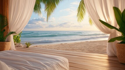 Wall Mural - Discover a serene outdoor spa experience on a tropical beach with soft white curtains swaying gently in the breeze Embrace the ultimate summer vibes and a relaxing getaway This image offers a glimpse