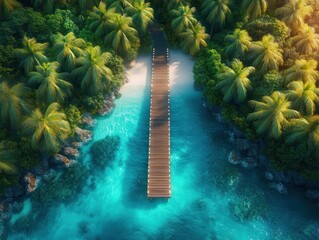 Canvas Print - Discover the serenity of a coastal boardwalk framed by symmetrical rows of tropical palm trees, offering a pathway to paradise This stunning aerial view captures the vibrant turquoise waters and lush