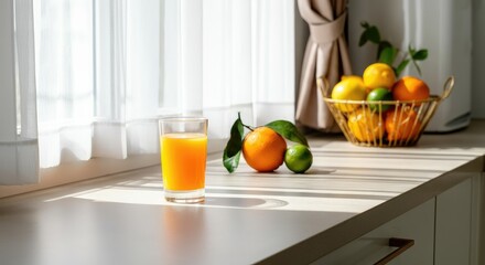 Wall Mural - Glass of orange juice on kitchen counter beside fresh fruits and sunlight through window