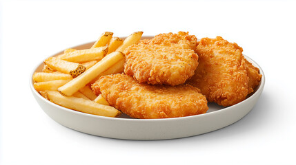 Tender breaded schnitzel served with golden fries, plated and isolated to showcase a timeless comfort meal