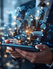 internet network connection, digtal marketing and social media. businessman using digital tablet and