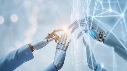 AI, Machine learning, Hands of robot and human touching on big data network connection, Data exchange, deep learning, Science and artificial intelligence technology, innovation of futuristic.