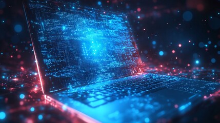 Futuristic laptop displaying digital code and data streams.