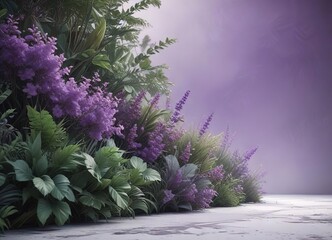 Wall Mural - Muted greenery and soft purple hues blended with abstract textures to create a serene atmosphere, green, environment, organic