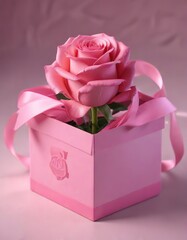 Wall Mural - Pink ribbon wrapped box contains a single rose bloom, bloom, small, present