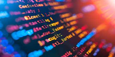 colorful close-up of programming code on a digital screen with glowing lights, software development 