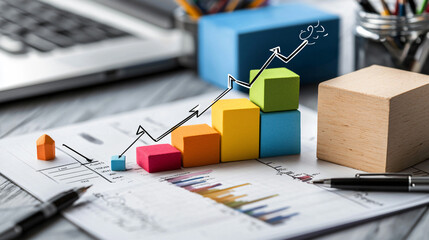 Aufkleber - Colorful blocks represent growth in business strategy, with graphs and charts illustrating customer centric innovation. This captures essence of strategic planning and analysis