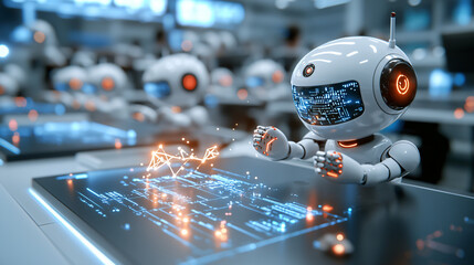 Fototapete - AI powered robots assist students in modern classroom setting, enhancing learning experiences with interactive technology and engaging visuals. atmosphere is innovative and futuristic