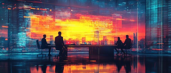 Poster - Business people working together in a modern office, discussing ideas around a conference table, teamwork and innovation concept, highresolution digital art