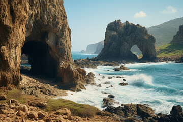 Wall Mural - Behold awe-inspiring grandeur of a majestic rocky coastline, where mighty waves relentlessly collide ancient, weathered rocks, sculpting very essence of land throughout ages