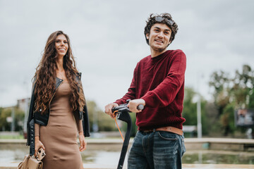 Wall Mural - A smiling young man and woman spending quality time outdoors with an electric scooter. They radiate happiness and excitement as they explore their surroundings together.