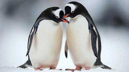 Wall Mural - Two penguins standing close together on snow.