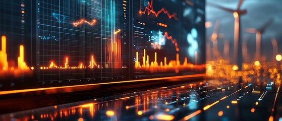 Poster - A cuttingedge analytics dashboard with wind turbine data, glowing graphs, clean interface, vibrant and modern design, hightech theme, 8K detail