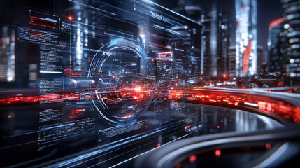 Poster - Futuristic city dashboard displaying AI driven traffic management with vibrant lights and digital interfaces. scene captures advanced technology in urban environment