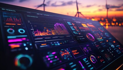 Poster - A futuristic wind energy dashboard with interactive data visualizations, performance analytics, neon accents, sleek design, ultradetailed digital art, 4K