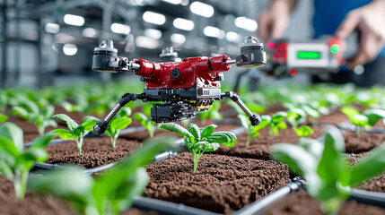 Leinwandbilder - robotic drone tending to young plants in modern agricultural setting, showcasing advanced technology in farming. scene highlights innovation and efficiency in crop management